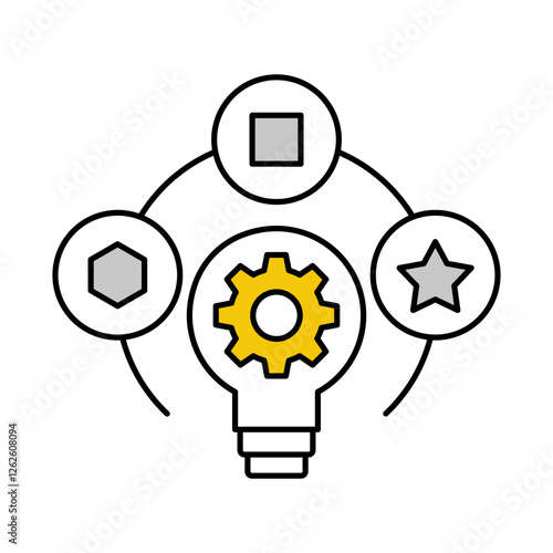 Vector icon of Interlocking Gears and Lightbulb. This icon represents the application of logical reasoning and rational thought to decision making and problem solving.