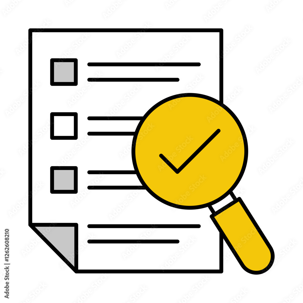Vector icon of a Checklist and Magnifying Glass. This icon represents the assessment process, evaluating performance, information, and outcomes. Vector icon of a Checklist and Magnifying Glass. This icon represents the assessment process, evaluating performance, information, and outcomes.