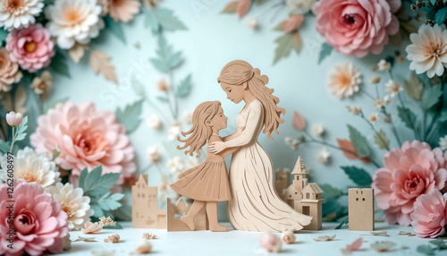 Paper cutout figures of a mother and child embracing with a floral background, warm emotions photo