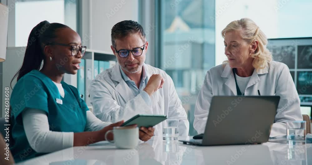 Doctors, group and discussion with x ray, report and tablet for medical research at pulmonology clinic. People, women and men with problem solving, diversity and professional healthcare at hospital Doctors, group and discussion with x ray, report and tablet for medical research at pulmonology clinic. People, women and men with problem solving, diversity and professional healthcare at hospital
