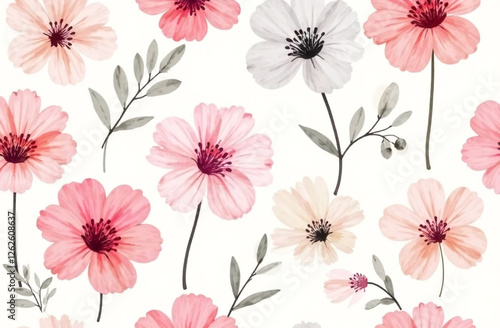Wallpaper Mural Seamless pattern with pink and white cosmos flowers on white background Torontodigital.ca