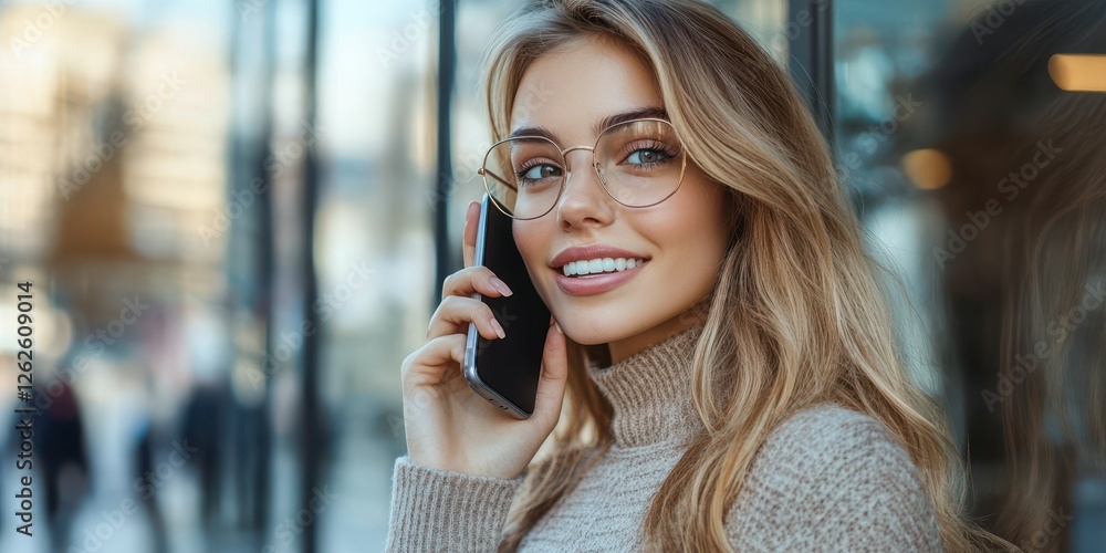 Young woman smiling while talking on phone outside a modern building during the day Young woman smiling while talking on phone outside a modern building during the day