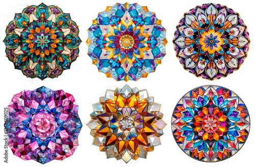 Set of six intricate stained-glass mandalas with gemstone-like details in blue, gold, pink, and multicolor hues, featuring kaleidoscopic symmetry, isolated on a transparent background for design proje