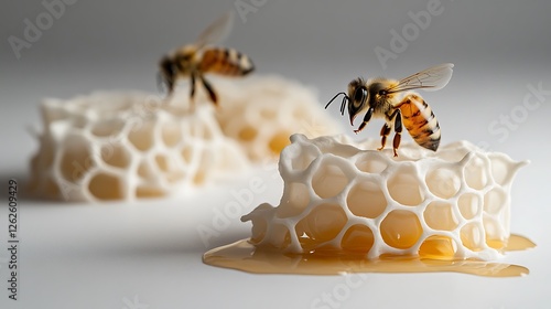 Bees perched upon glistening honeycomb fragments with flowing honey photo