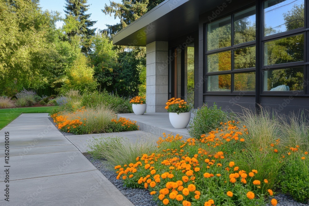 Obraz premium Colorful flowers and modern architecture create a vibrant entrance in a serene suburban garden during the late afternoon