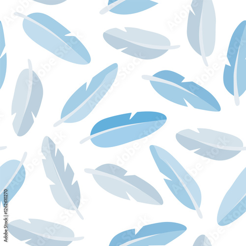 Soft and warm blue feathers cartoon seamless pattern. Vector illustration background. Pillows, coats and duvets natural and eco filler.