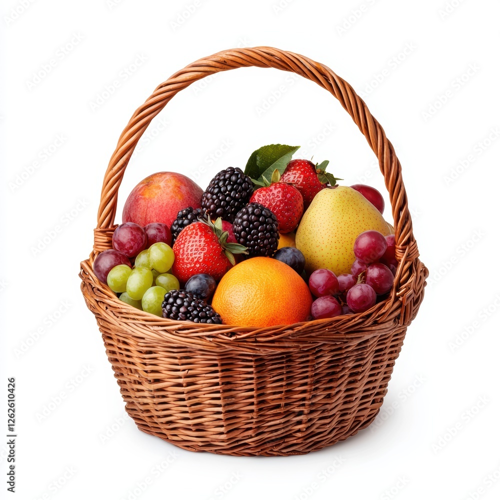A wicker basket filled with a variety of fresh fruits including apples, oranges, grapes, berries, and pears, showcasing vibrant colors and healthy options. isolated on white background A wicker basket filled with a variety of fresh fruits including apples, oranges, grapes, berries, and pears, showcasing vibrant colors and healthy options. isolated on white background