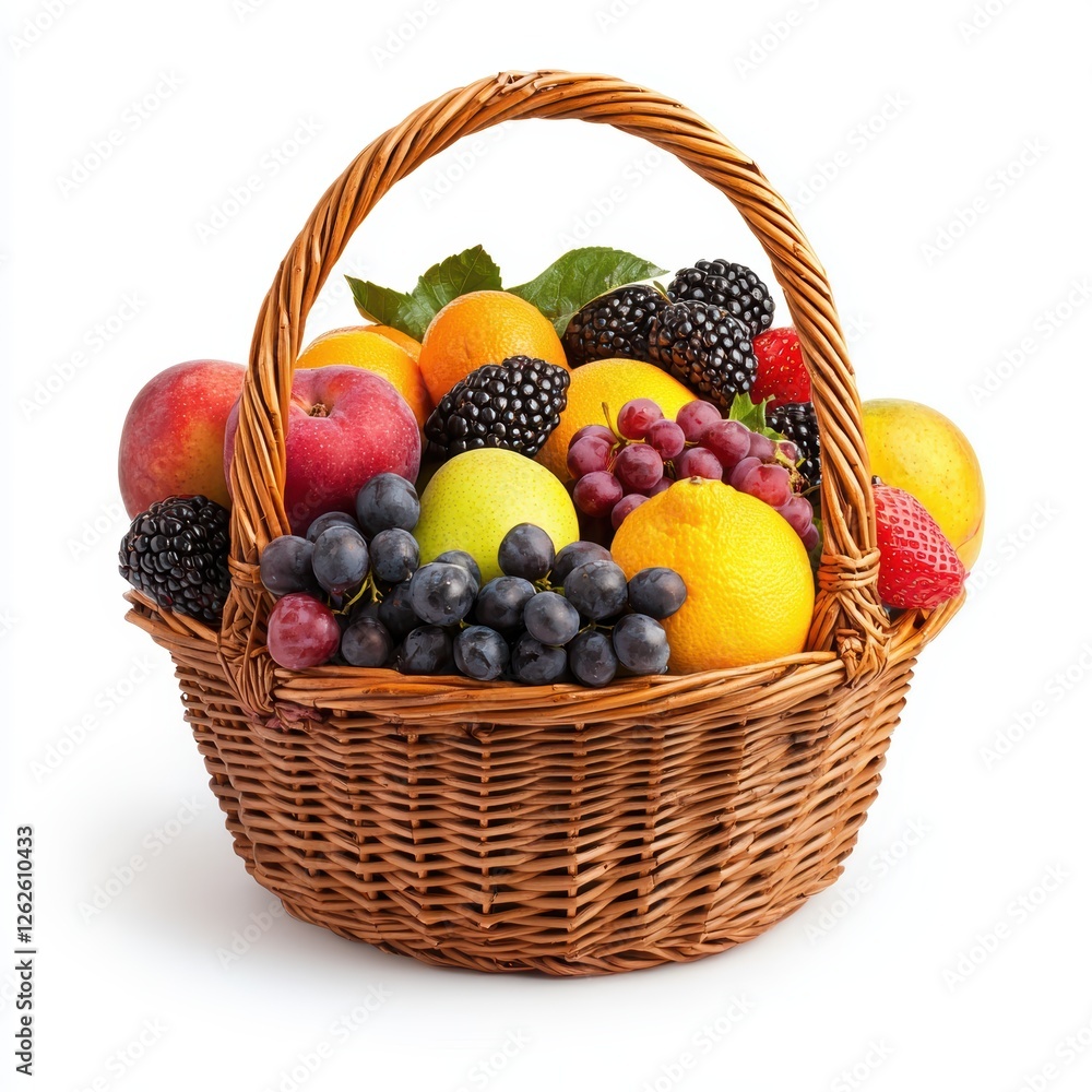 A wicker basket filled with an assortment of colorful fruits including apples, berries, grapes, and citrus, symbolizing freshness and health. isolated on white background A wicker basket filled with an assortment of colorful fruits including apples, berries, grapes, and citrus, symbolizing freshness and health. isolated on white background