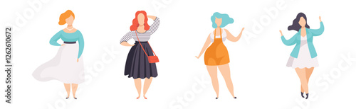 Beautiful Plus Size Woman Character in Fashionable Clothes Vector Set