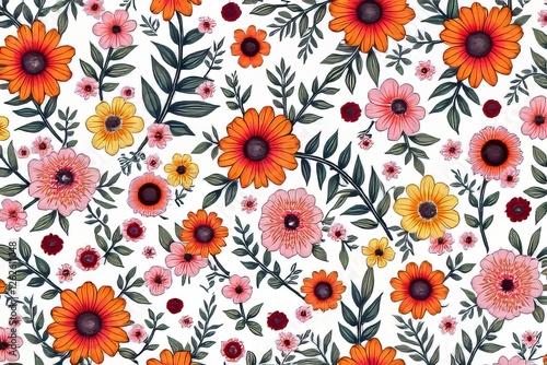 Vibrant Floral Pattern with Orange, Pink, and Yellow Flowers on White Background