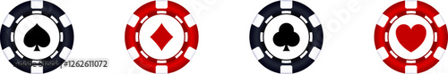 Black and red chips for poker game. Isolated casino poker chip logo. Poker colored symbols with card suits. Poker game concept. Vector illustration