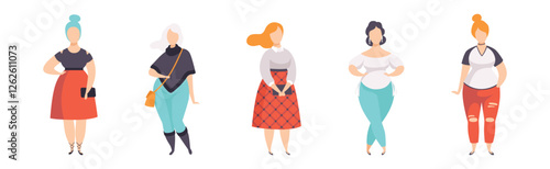 Beautiful Plus Size Woman Character in Fashionable Clothes Vector Set