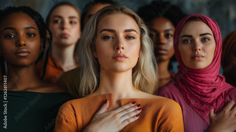 Obraz premium A diverse group of women stands together with their hands placed over their hearts, conveying solidarity and unity