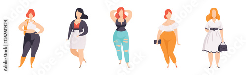 Beautiful Plus Size Woman Character in Fashionable Clothes Vector Set
