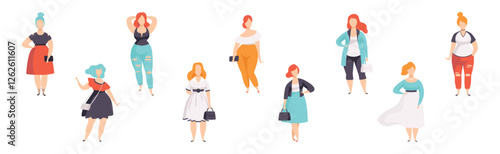 Beautiful Plus Size Woman Character in Fashionable Clothes Vector Set