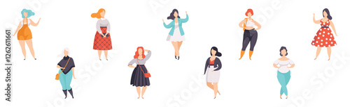 Beautiful Plus Size Woman Character in Fashionable Clothes Vector Set
