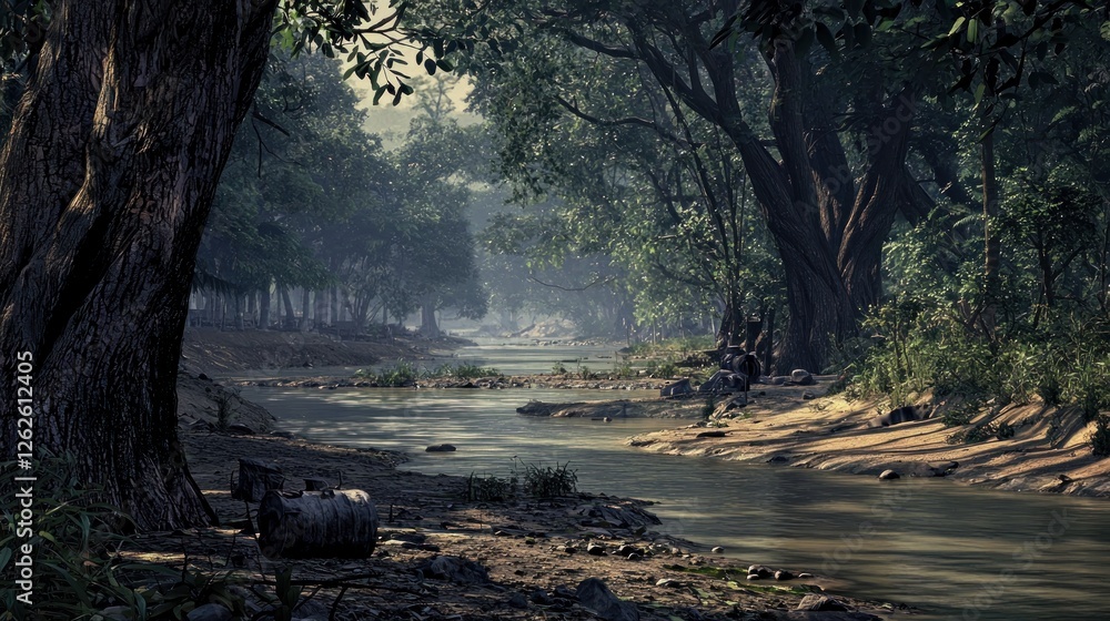 Tranquil forest river path with figures in the background Tranquil forest river path with figures in the background