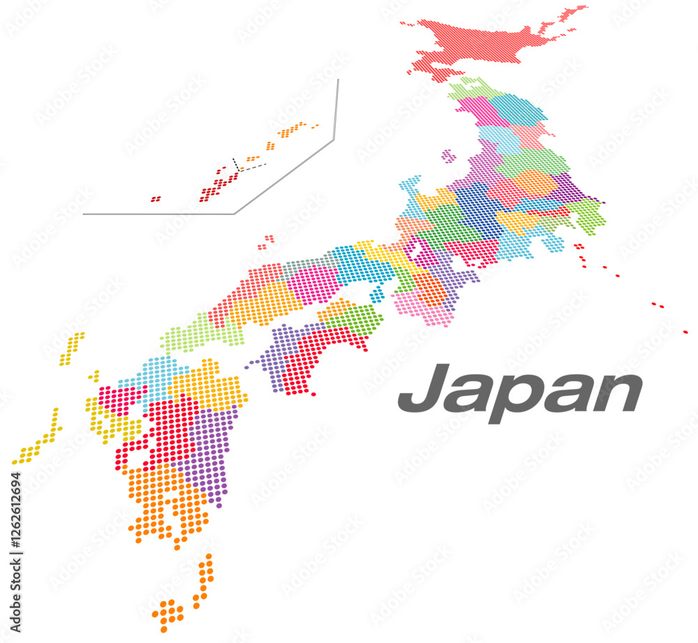 Obraz premium 九州・四国地方がメインの日本地図 47都道府県ドット地図