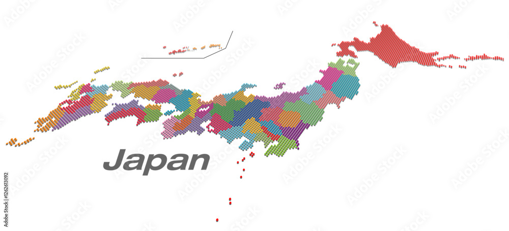 Obraz premium 関東・中部地方が中心の日本地図 47都道府県ドット地図 影付