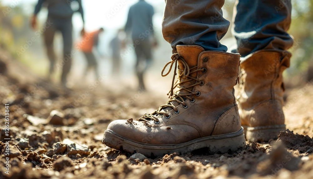 A close-up of a worker’s muddy boots, showcasing endurance in harsh labor conditions. A close-up of a worker’s muddy boots, showcasing endurance in harsh labor conditions.
