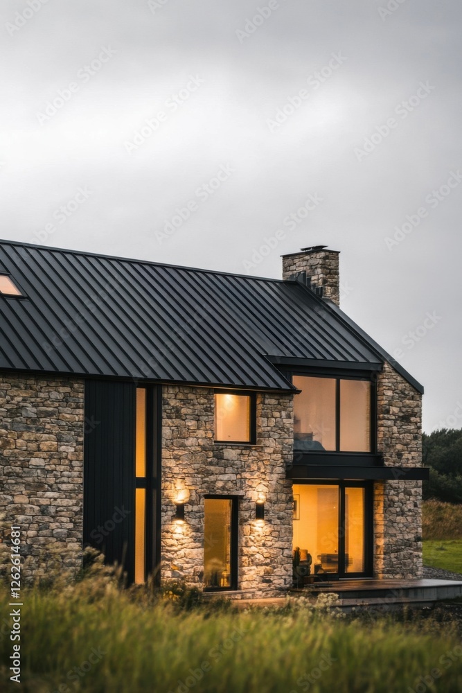 A contemporary stone house softly glowing in the evening light, nestled amidst lush nature in a peaceful and serene rural landscape A contemporary stone house softly glowing in the evening light, nestled amidst lush nature in a peaceful and serene rural landscape
