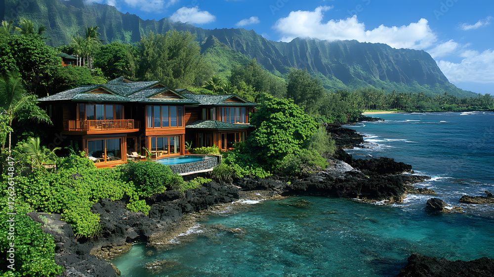 Naklejka premium Tropical beachfront villa surrounded by lush greenery and mountains