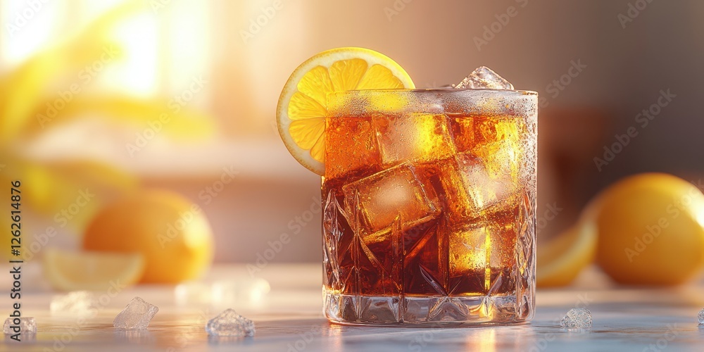 Refreshing drink with ice and lemon in a cozy setting during warm afternoon Refreshing drink with ice and lemon in a cozy setting during warm afternoon
