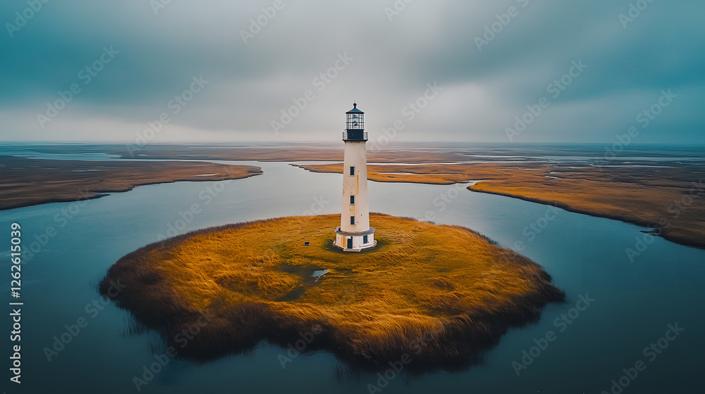 Fototapeta premium Lighthouse on an island surrounded by water and grassland under a cloudy sky