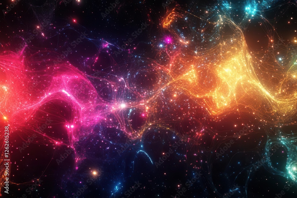 abstract digital network visualization, interconnected glowing nodes with dynamic flowing lines, deep space background with vibrant colors abstract digital network visualization, interconnected glowing nodes with dynamic flowing lines, deep space background with vibrant colors