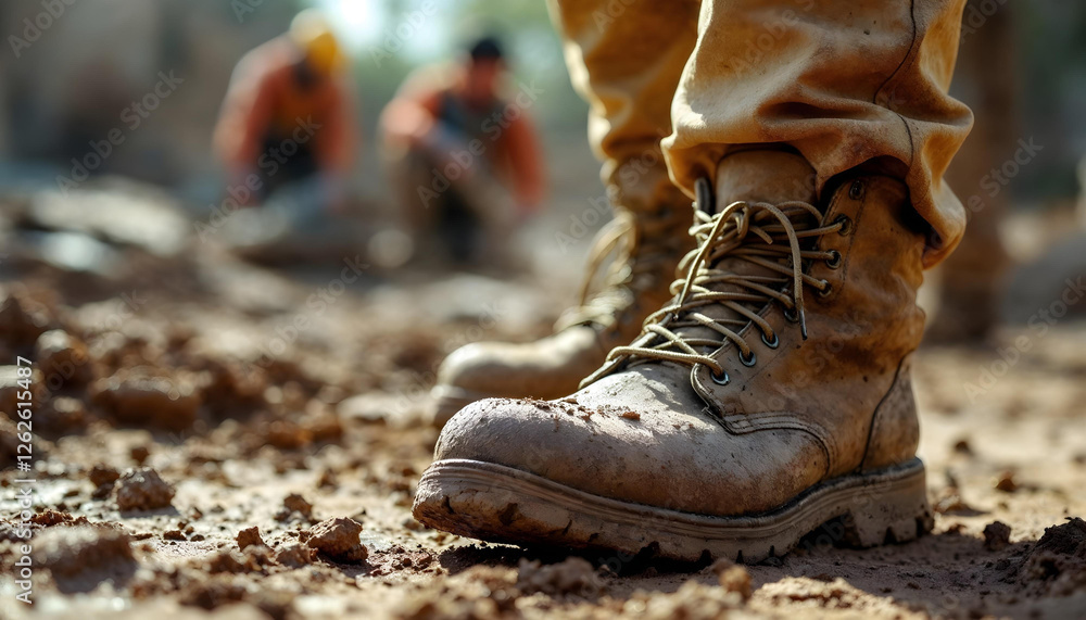 A close-up of a worker’s muddy boots, showcasing endurance in harsh labor conditions. A close-up of a worker’s muddy boots, showcasing endurance in harsh labor conditions.