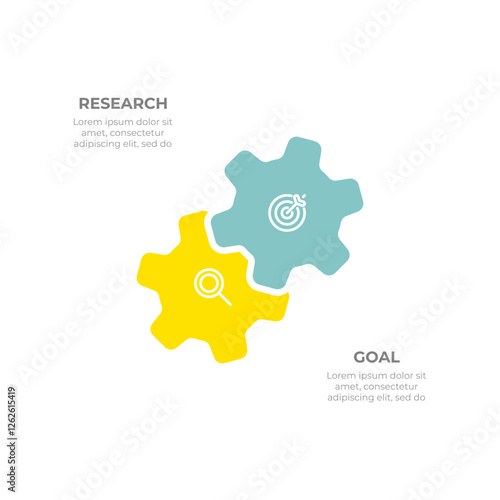 Modern infographic gears concept. Business process design elements with marketing icons and 2 sections, options, steps.