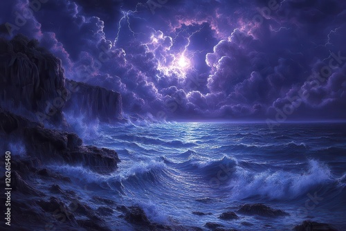 majestic stormtossed waves crash against ancient sea cliffs at twilight dramatic clouds looming overhead as lightning illuminates the turbulent indigo waters photo