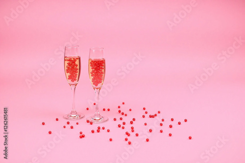 two champagne glasses with red beads on pink background