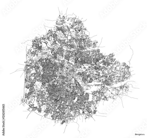Bangalore city map with roads and streets, India. Vector outline illustration.