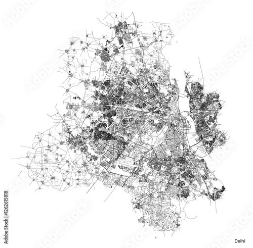 Delhi city map with roads and streets, India. Vector outline illustration.
