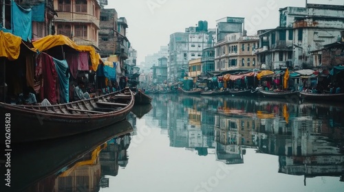 Canal city scene, India; misty morning; vibrant market; reflection photo