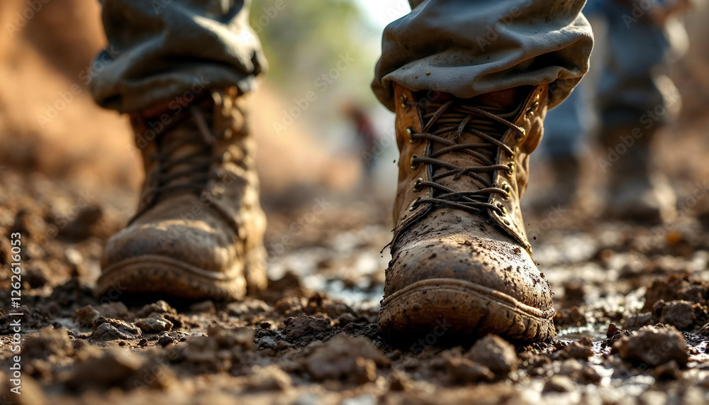 A close-up of a worker’s muddy boots, showcasing endurance in harsh labor conditions. A close-up of a worker’s muddy boots, showcasing endurance in harsh labor conditions.