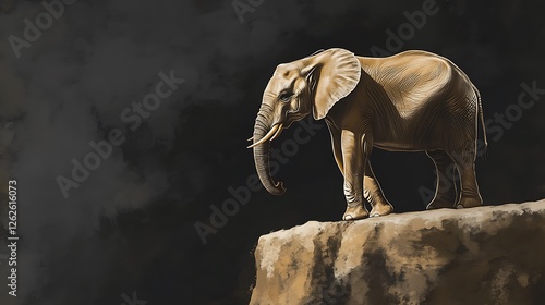 Elephant stands majestically on a rocky cliff overlooking dark abyss photo