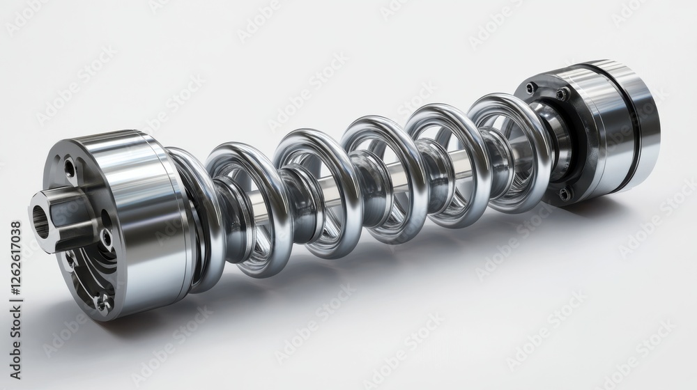 A detailed, metallic spring component designed for automotive or mechanical applications, showcasing precision engineering and sleek design.