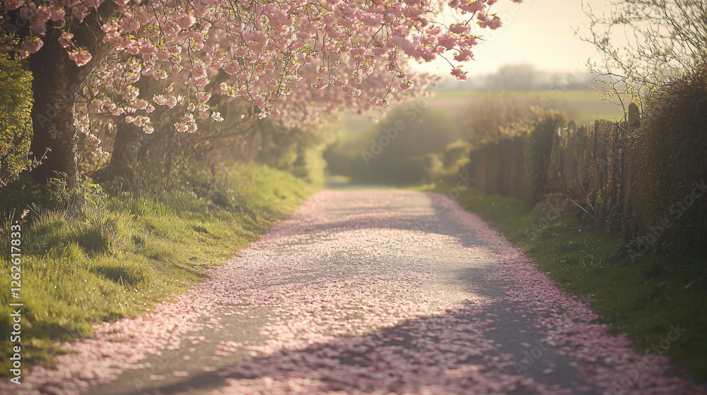 Naklejka premium Serene countryside path covered in pink cherry blossom petals under blooming trees