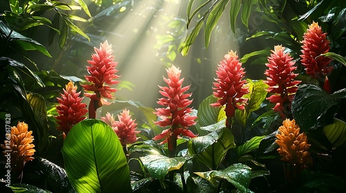 Tropical flowers in bright sunlight, lush jungle background, nature photography photo