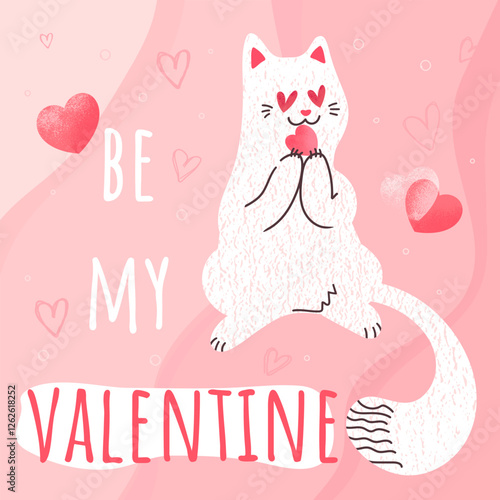 Valentine card with cute hand drawn white cat biting a heart. Cute cat in love. Vector template, cover, invitation