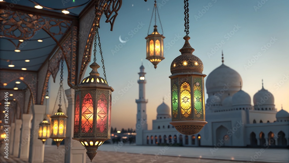 Obraz premium Magnificent Ramadan Lanterns Hanging Before a Grand Mosque at Sunset