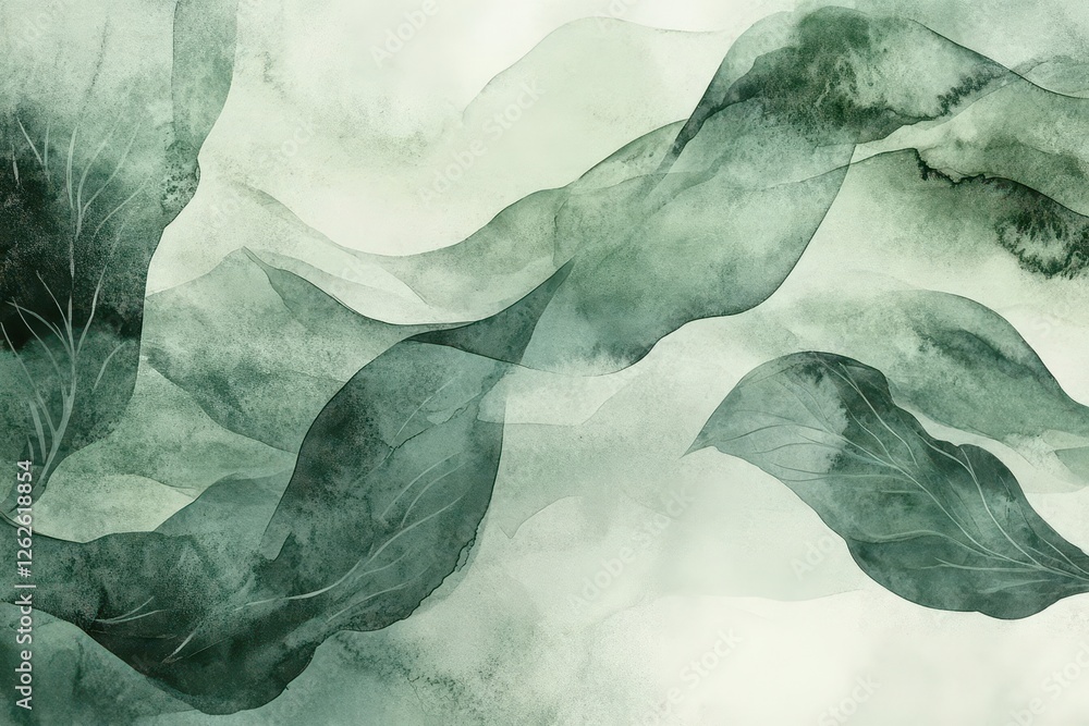 Naklejka premium abstract watercolor wash in emerald and sage greens, organic flowing patterns suggesting leaves and natural forms