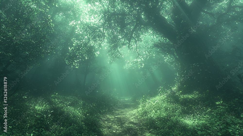 Fototapeta premium Mystical forest path, sunbeams through fog