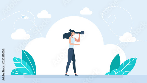 Business woman look through binoculars searching for new job or opportunity. Career opportunity. Businesswoman looks telescope silhouette. Forecast, vision in business concept. Vector illustration