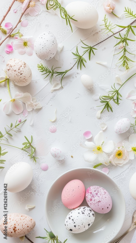 Easter party celebration on white background. Easter eggs, fresh branch of cherry tree. Spring season, vertical Easter party celebration on white background. Easter eggs, fresh branch of cherry tree. Spring season, vertical