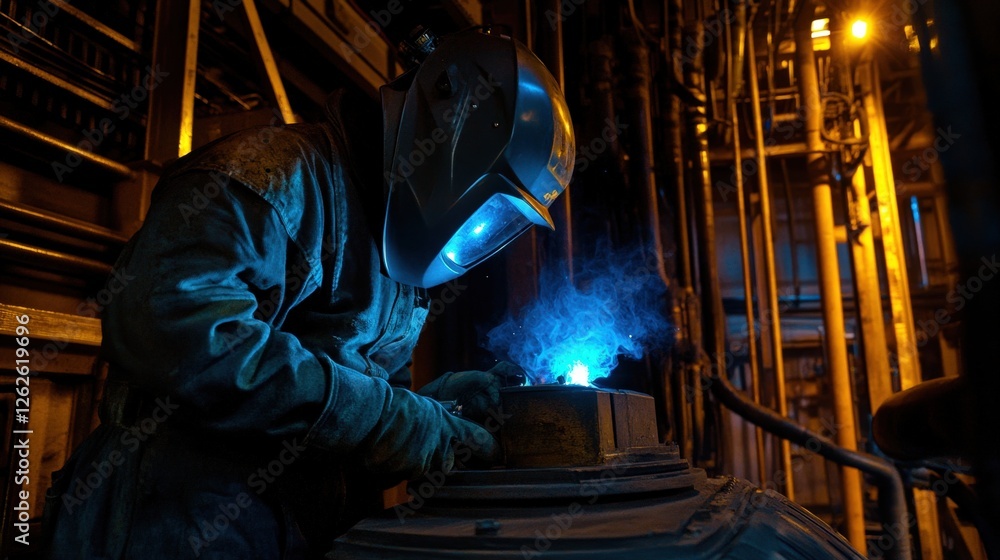 Worker welding in industrial setting with glowing blue sparks and machinery in background Worker welding in industrial setting with glowing blue sparks and machinery in background