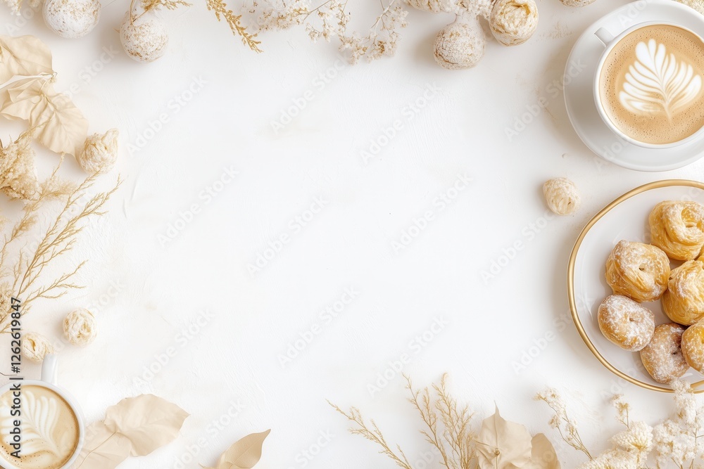 Xícara de café elegante com detalhes dourados, acompanhada de doces e decorações festivas em fundo branco, criada com IA generativa para um visual sofisticado e convidativo Xícara de café elegante com detalhes dourados, acompanhada de doces e decorações festivas em fundo branco, criada com IA generativa para um visual sofisticado e convidativo