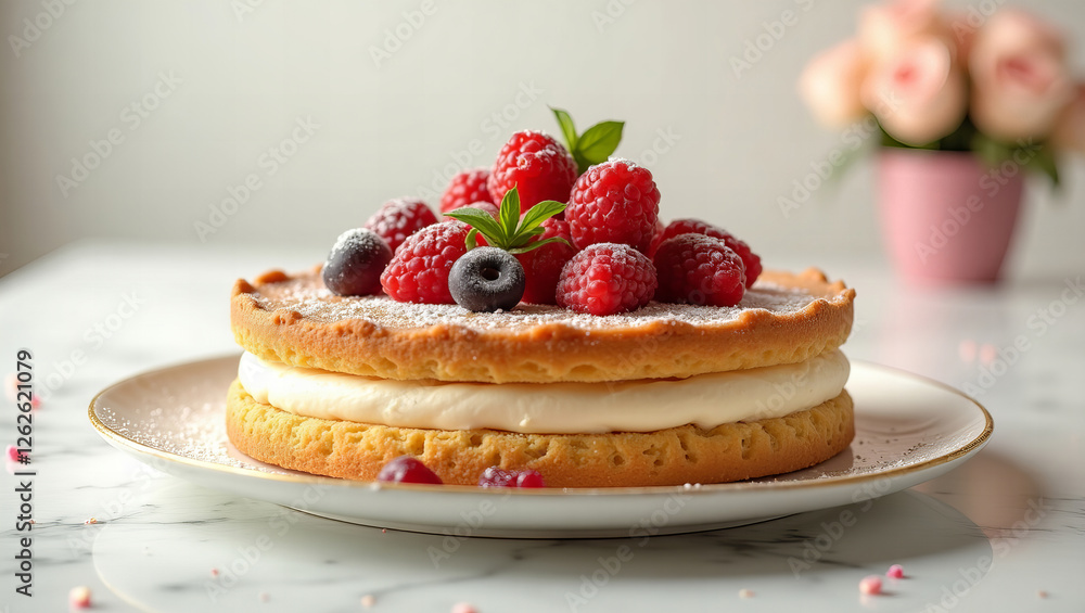 Delicate Layer Cake with Raspberries and Berries on White Plate with Pink Roses Delicate Layer Cake with Raspberries and Berries on White Plate with Pink Roses